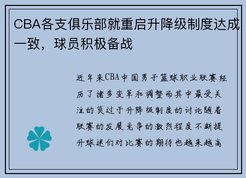 CBA各支俱乐部就重启升降级制度达成一致，球员积极备战